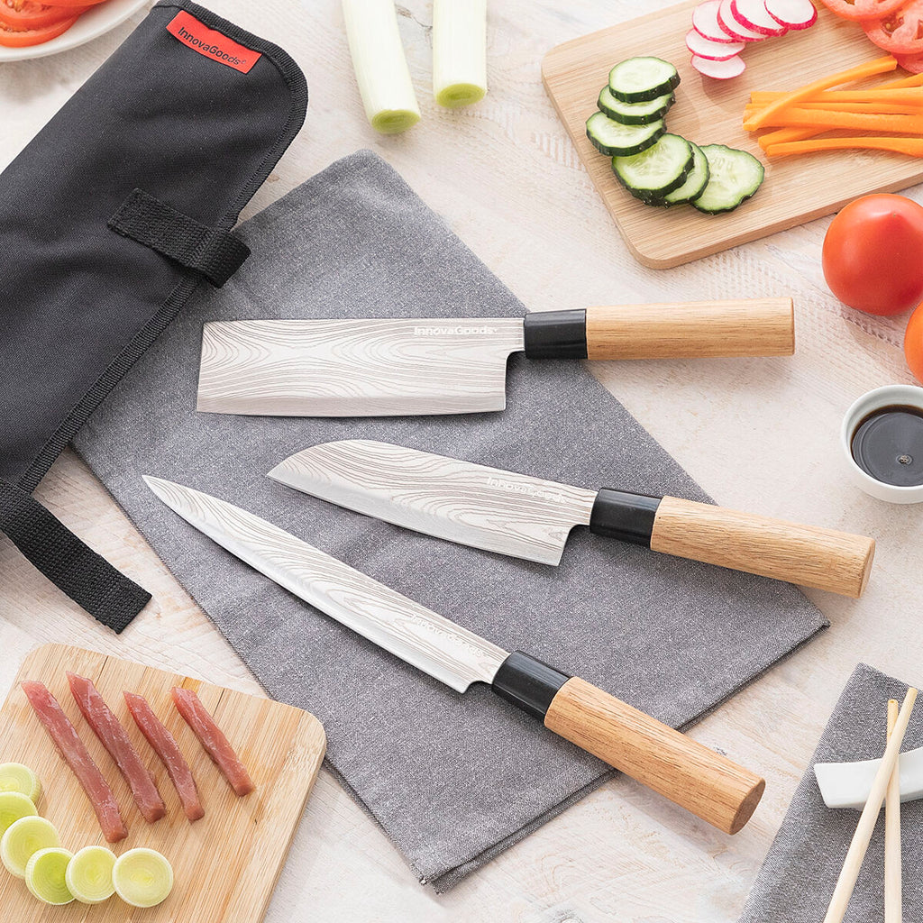 Damascus-Style Knife Set with Carry Case (3-Piece)