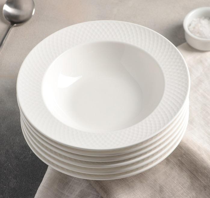 Embossed Rim White Porcelain Deep Plate 9"